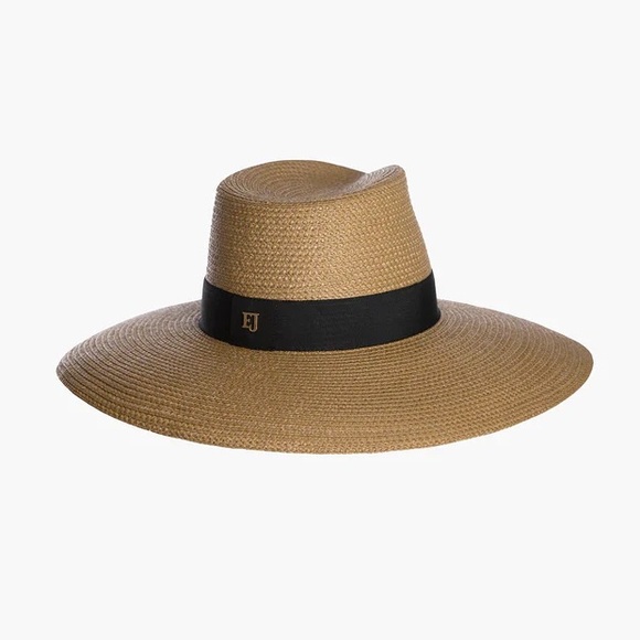 Eric Javits Daphne Tan Wide-Brim Straw Fedora Hat with Black Band - Picture 10 of 11